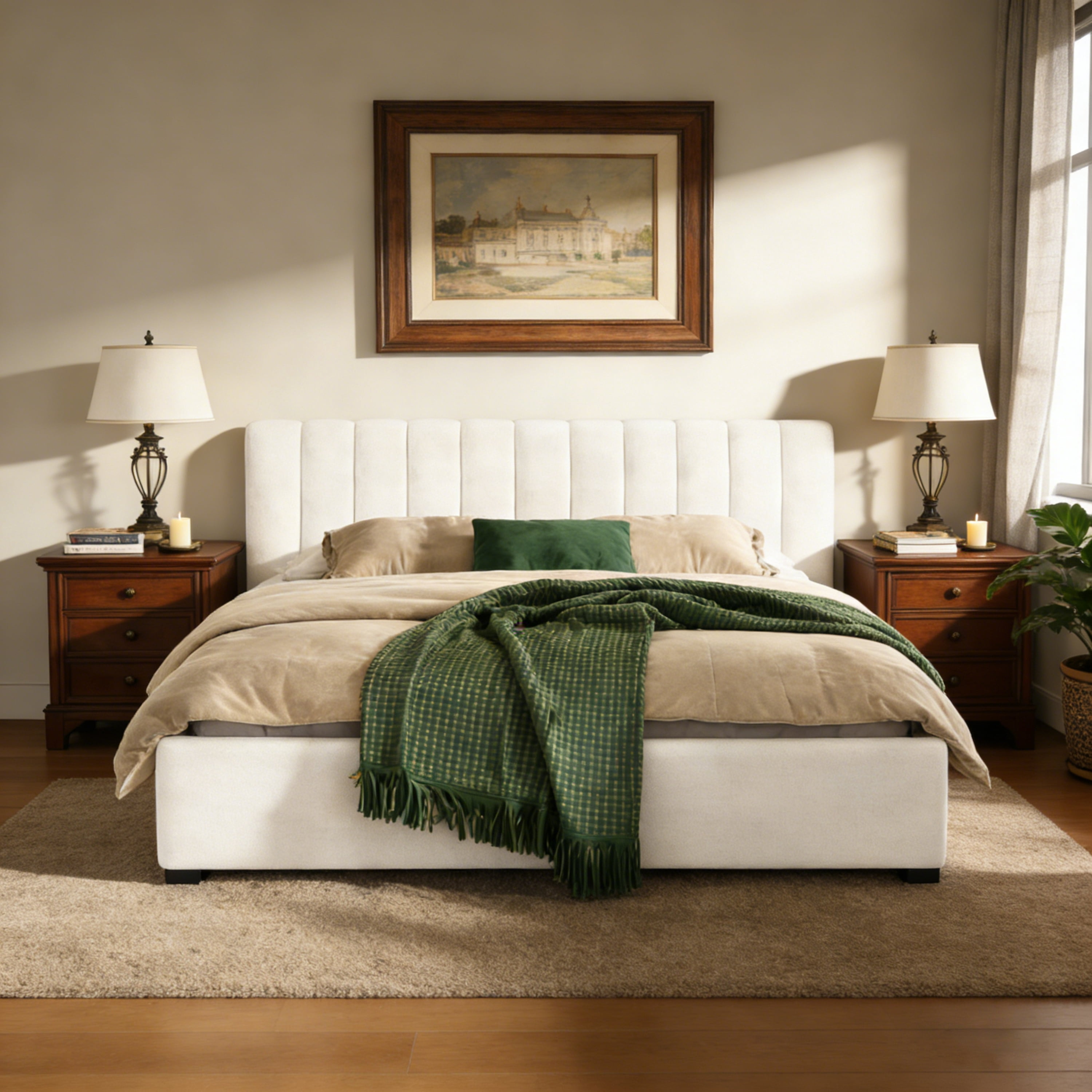 King Size Upholstered Bed Frame with Linen Blend Fabric, Thick Padded Headboard & Solid Wood Legs, Platform Bed with Curved Design for Bedroom, Beige