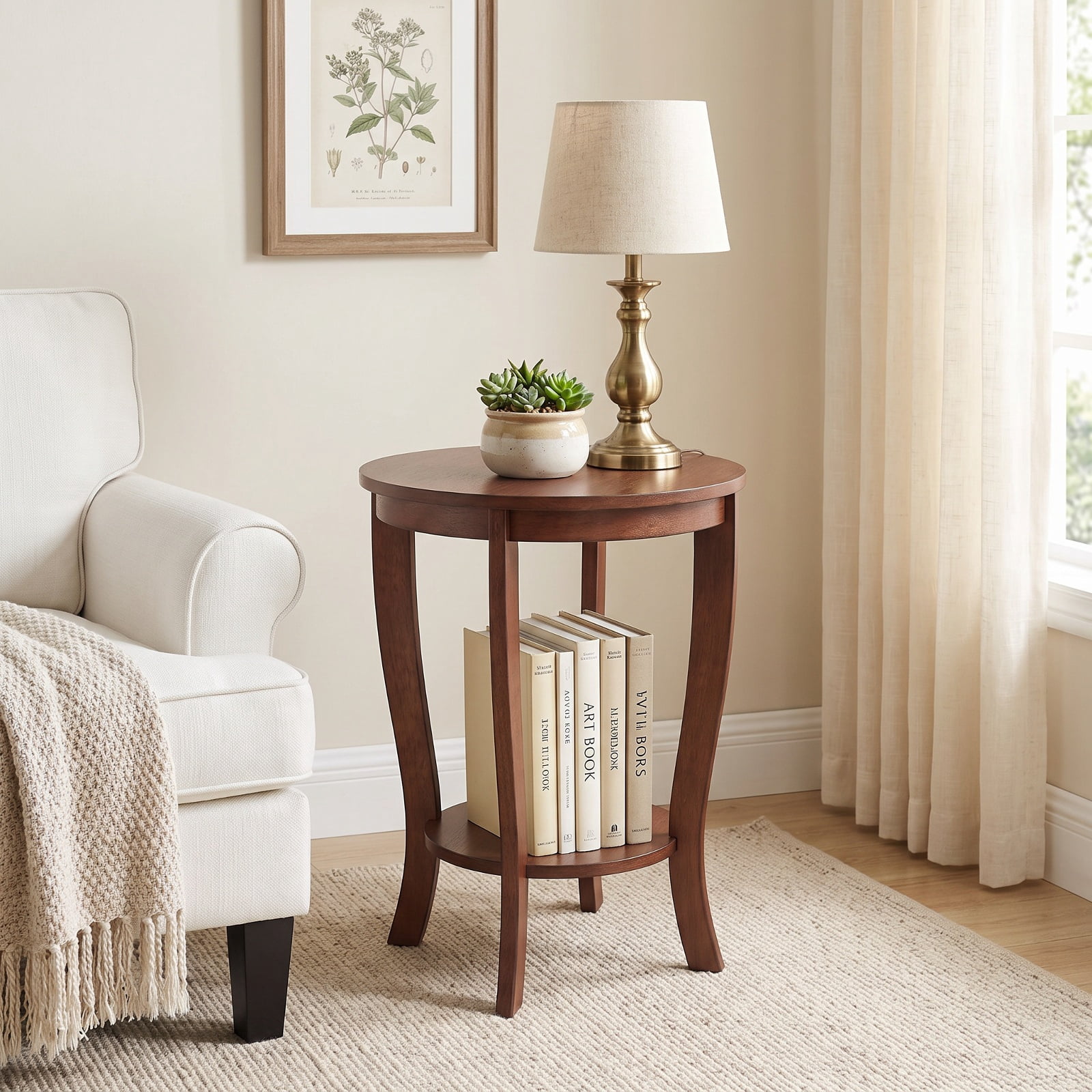 Furnibear 2 Tier Round End Table with Solid Rubber Wood Legs and Lower Storage Shelf for Living Room Bedroom and Small Spaces, Brown