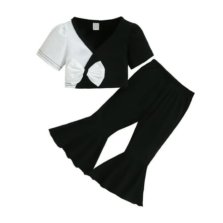 

YWDJ 9Months-4Years Girls Outfit Sets Toddler Girls Fashion Cute Stitching Color Flared Pants Bow Top Suit Black 12-18 Months