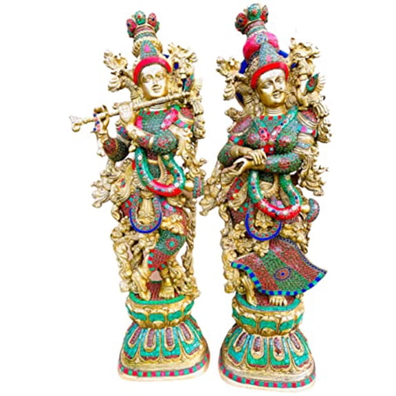 QT Shopping Radha Krishna Statues Handmade Brass & Stone Finish 30 in Pair of Radha Krishna Kishan Murti Idol Statue Sculpture Radha Krishna God of Compassion, Tenderness & Love - Made in Nepal