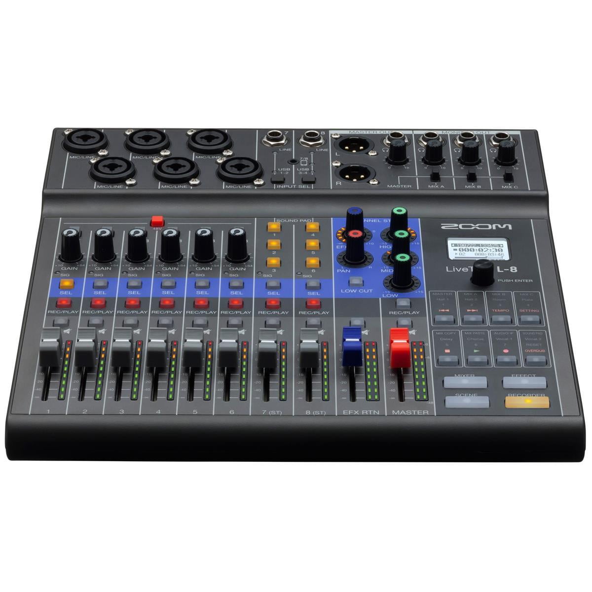 Zoom LiveTrak L-8 Portable 8-Channel Digital Mixer and Multitrack Recorder - Bundle with Shure SM7B Cardioid Vocal Mic, Desktop Mic Stand, Studio Monitor Headphone, 10' XLR Cable (5 Items)
