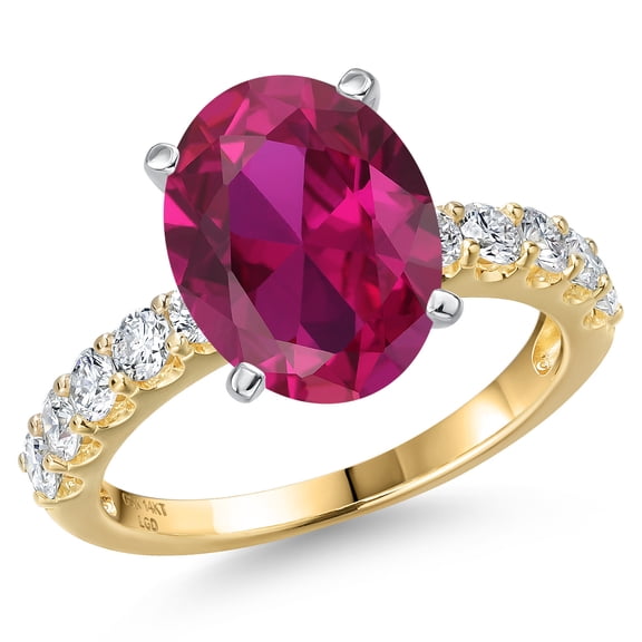 Gem Stone King 14K Two Tone Gold Red Created Ruby and Lab Grown Diamond Engagement Ring for Women | 5.65 Cttw | Oval 12X10MM | Gemstone July Birthstone | Size 5