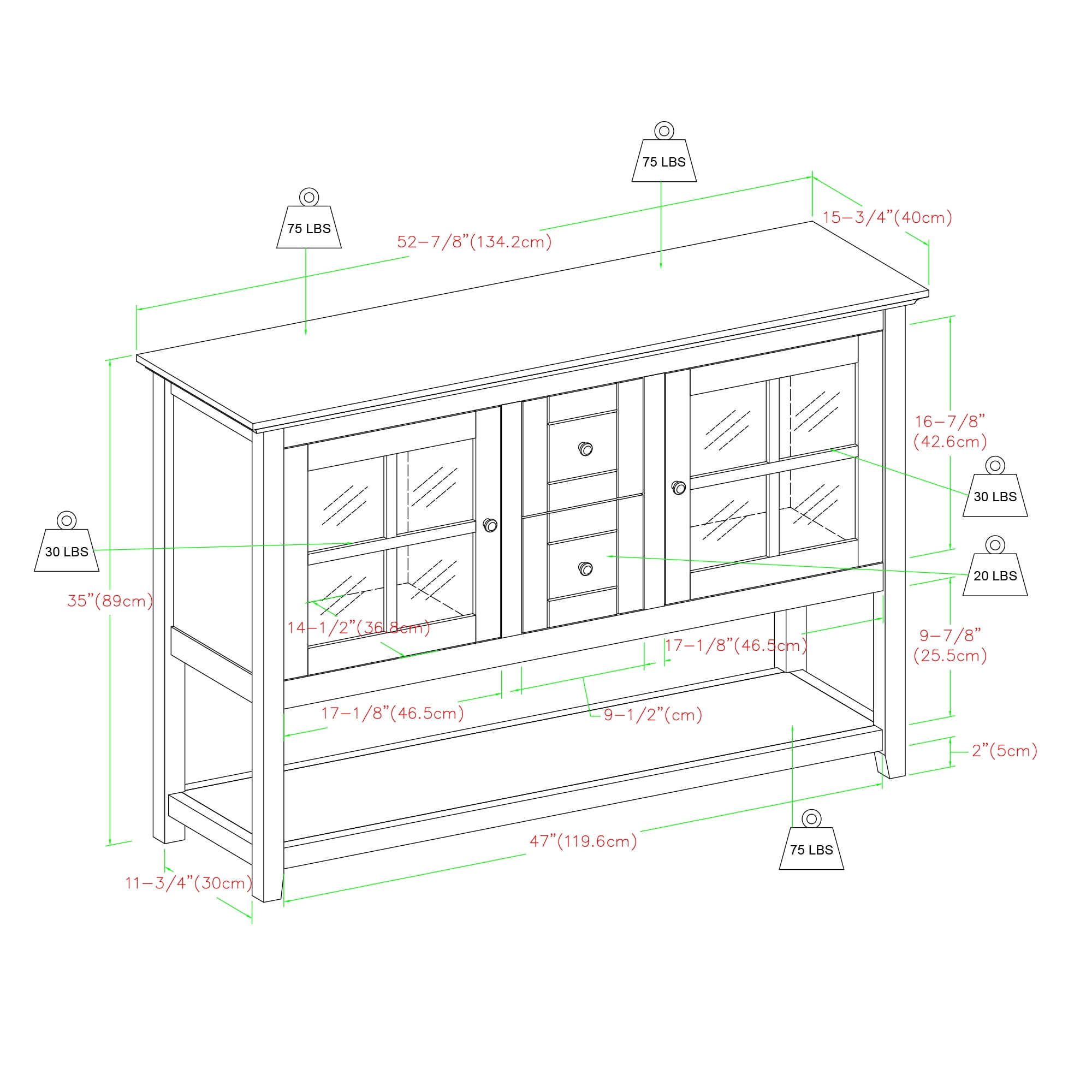 Manor Park Modern 52” Glass Door Dining Buffet Table, Dark Teal
