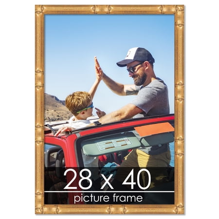28x40 Gold Thin Bamboo Picture Frame - UV Acrylic, Foam Board Backing, Hanging Hardware
