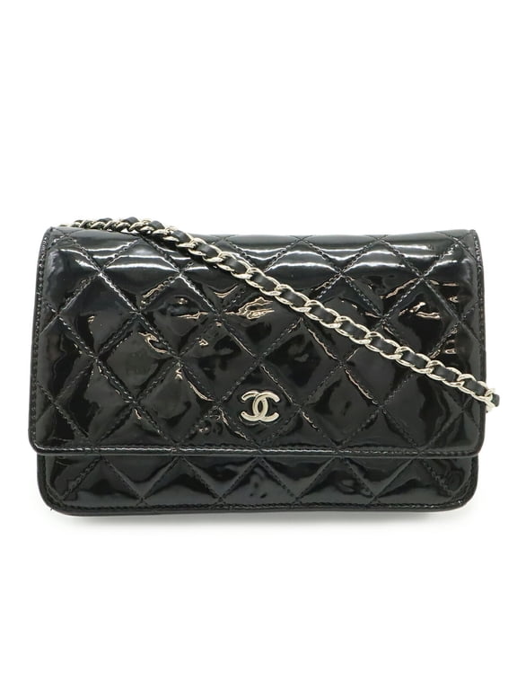 Pre-Owned CHANEL Matelassé Coco Mark Wallet Chain Shoulder Bag Enamel Patent Leather Black...