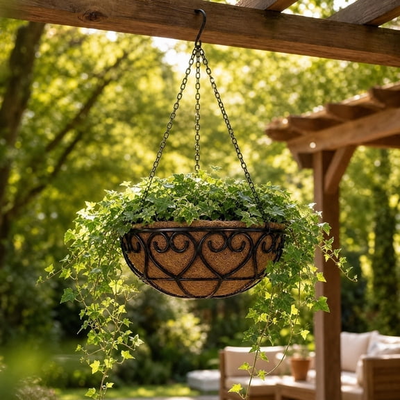Yardvibe 2PC Hanging Planters for Outdoor, 20.47"x9.84" Plastic Hanging Baskets with Thick Coco Coir Liners, Round Flower Pots for Porch Garden Ferns & Petunias