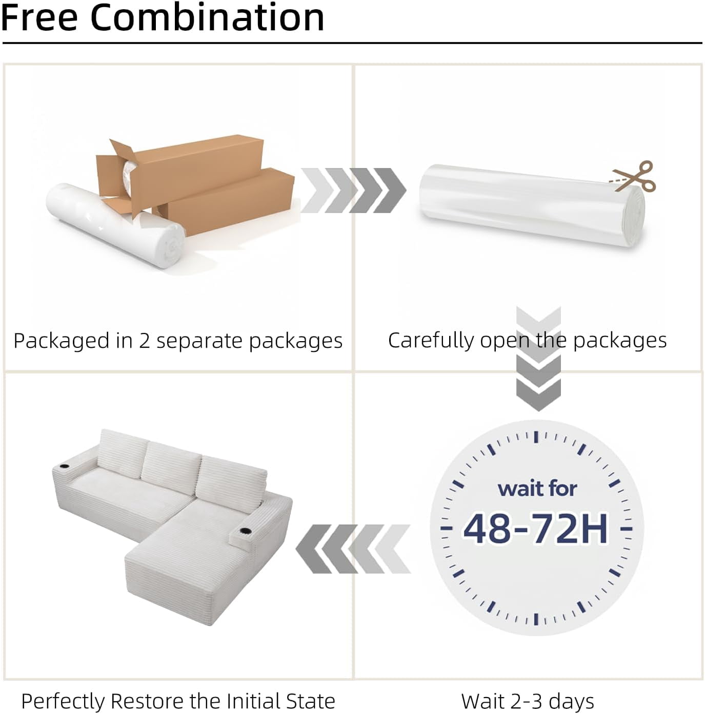 104" Cloud Modular Sectional Sofa, Corduroy Boneless L-Shape Chaise Couch with Deep Seat for Living Room Bedroom, No Assembly Required