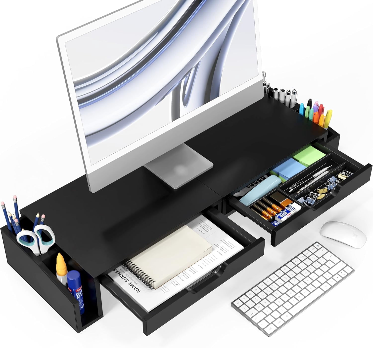 Dual Monitor Stand with Drawers and Phone Holder for Office Desk Organization