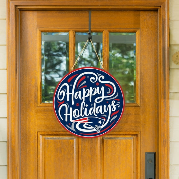 New England Patriots 18" Happy Holidays Wooden Round Door Sign