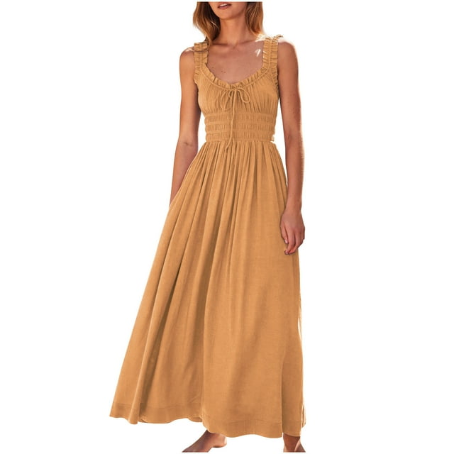 AherBiu Robes d'Été pour Femmes 2024 Tendance Robe Maxi Sans Manches Col en V Fluide Taille Élastique Vacances Longues Robes