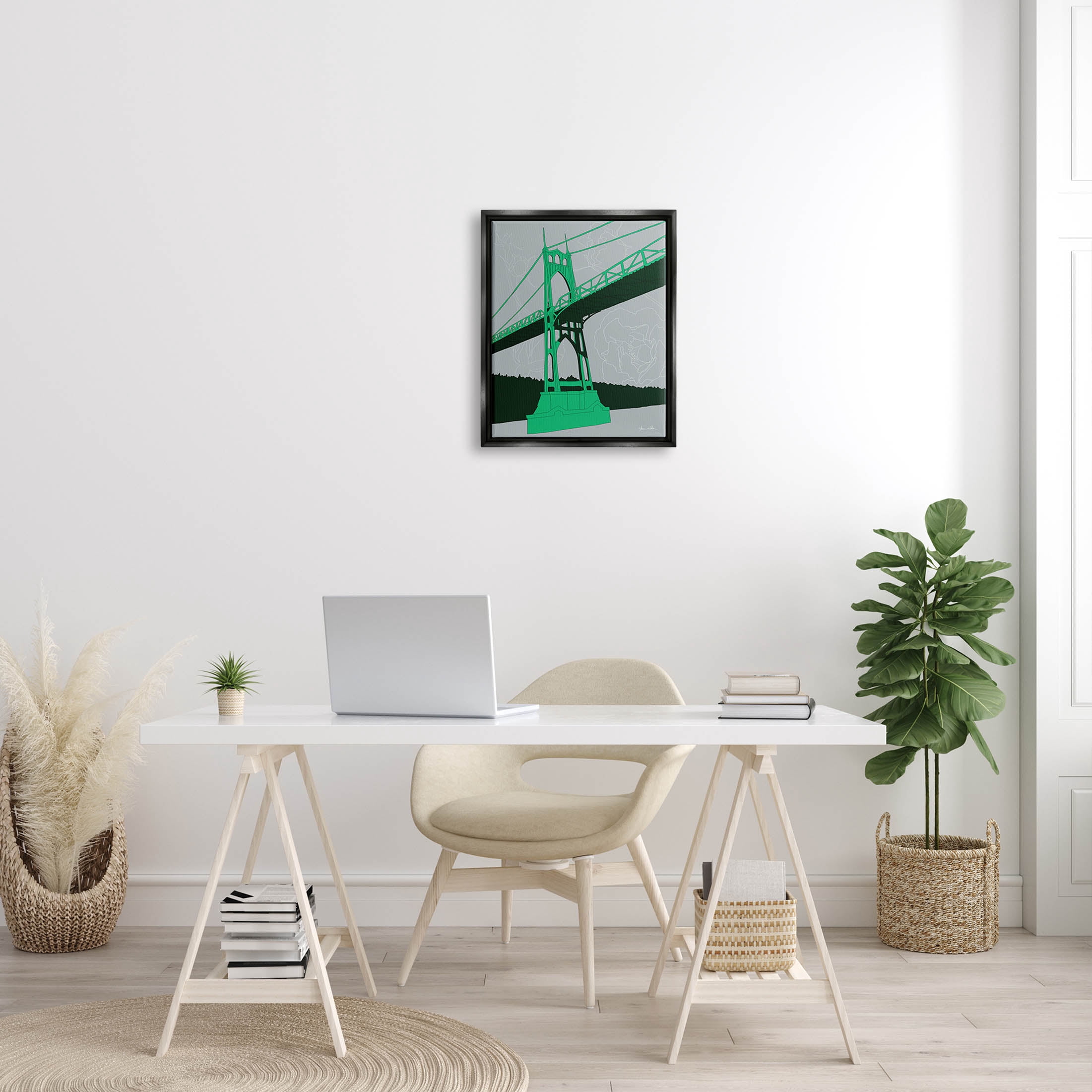 Stupell Industries Modern Floral Bridge Architecture Graphic Art Jet Black Floating Framed Canvas Print Wall Art, Design by Shane Donahue