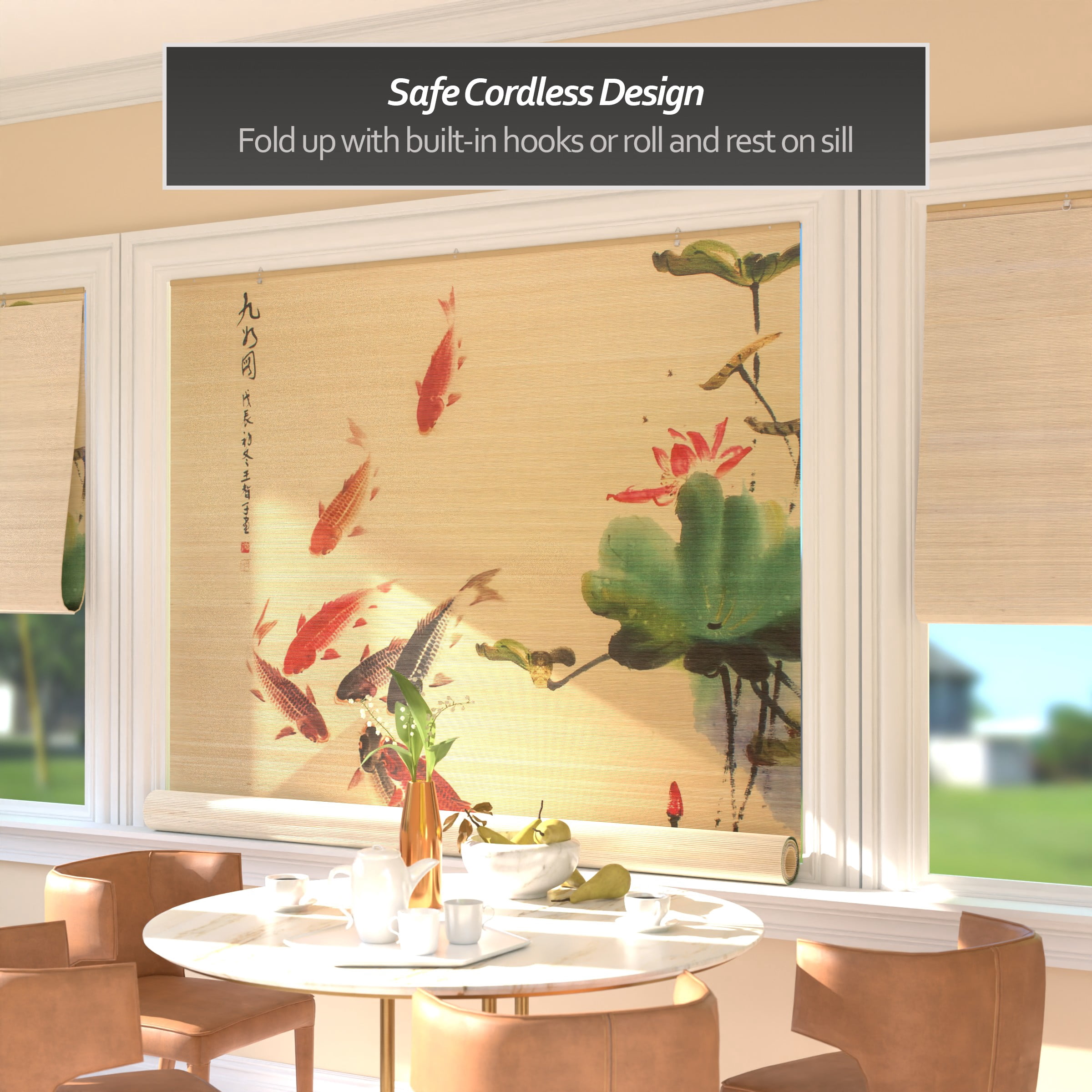 Red Lantern Bamboo Window Shade Blind - Koi Pond 72" W