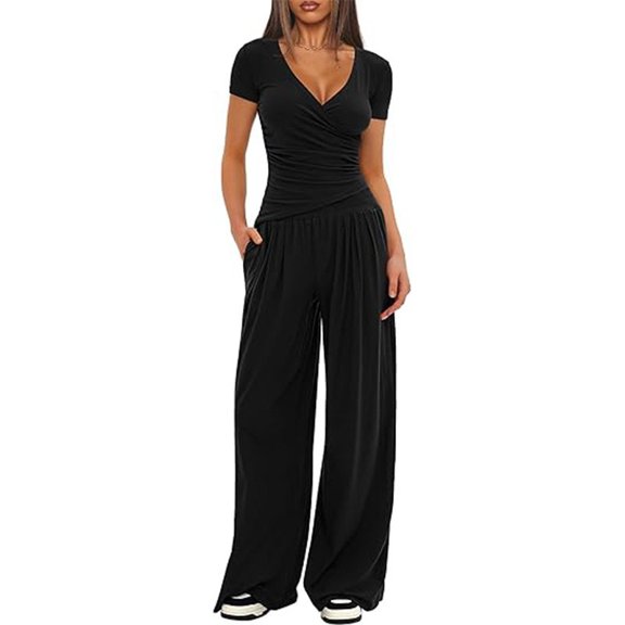 Spring and Autumn Wide-Leg Pants Set for Women, Short-Sleeved Sportswear Two-Piece Set for Various Occasions, Casual Commuting