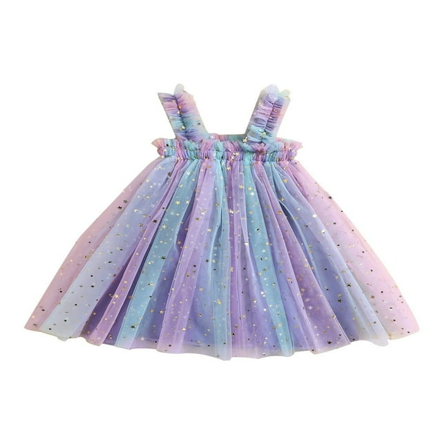 Robe d'Été pour Filles Tout-Petits Robe Décontractée Sans Manches à Bretelles Imprimé Étoiles Robe en Tulle Colorée Violette 3-4 Ans
