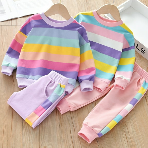 URMAGIC Toddler Kid Little Girls Rainbow Stripe Crewneck Sweatshirt Pocket Pants Outfits