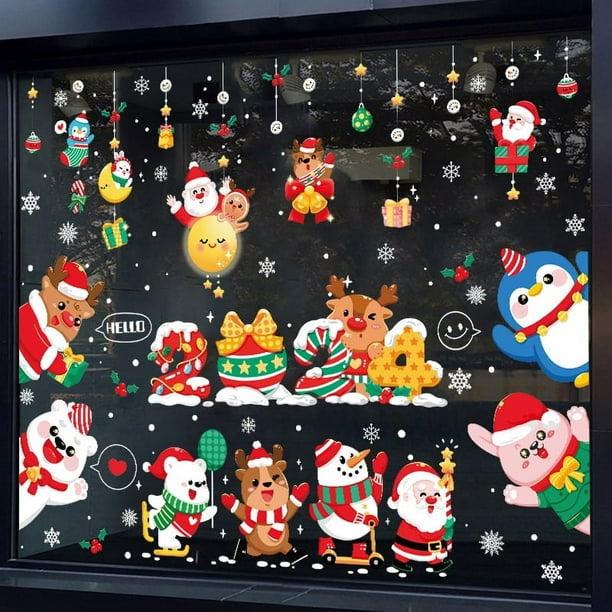 Pegatinas de decoración navideña Diseño de escena de ventana de vidrio de centro comercial navideño Pegatinas electrostáticas de muñeco de nieve de Papá Noel