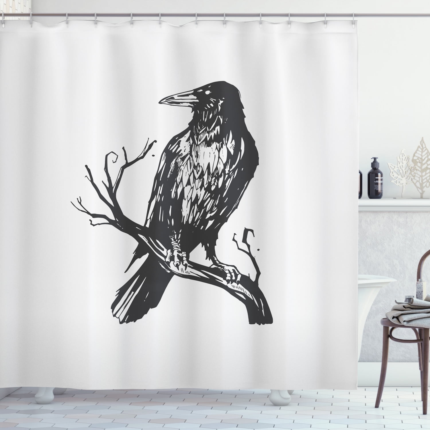 Black Crow Shower Curtain, Monochromatic Design of Bird on Bare Branch Haunted Gothic Artsy