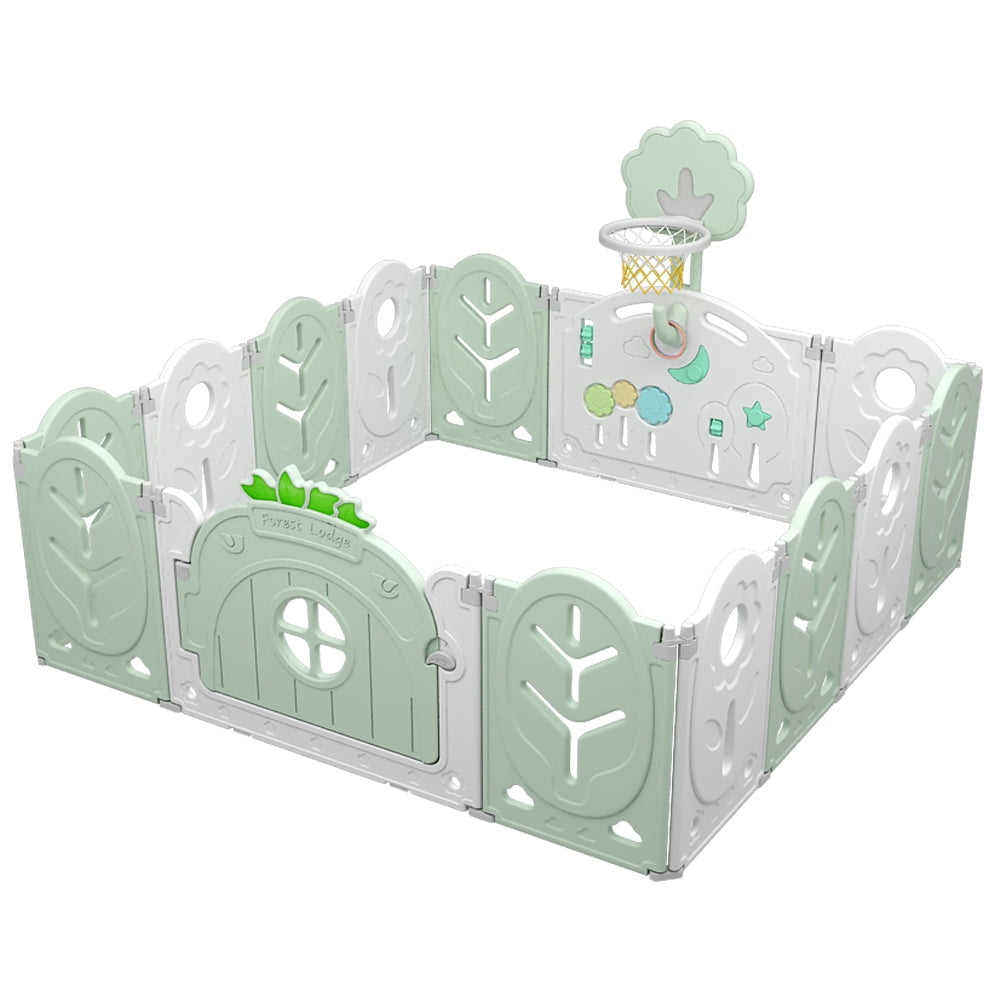 CycloneSound Baby Playpen Center Foldable Play Yard w/ Game Wall and Lock Door and Basketball Hoop (Green)