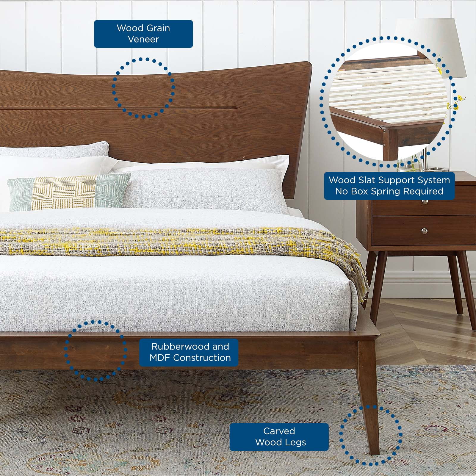 Platform Bed Frame, King Size, Wood, Brown Walnut, Modern Contemporary Urban Design, Bedroom Master Guest Suite