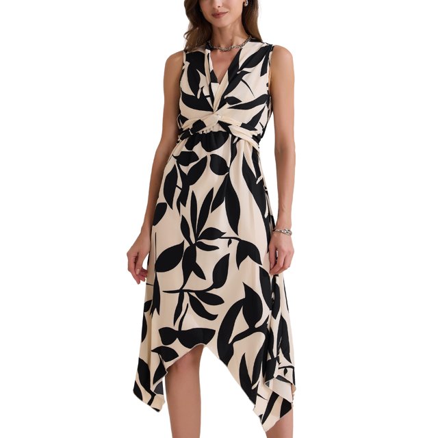 INSPIRAR CHIC Vestido de Verano para Mujeres Floral Sin Mangas Cuello en V Profundo Dobladillo Irregular Midi Vestidos L Albaricoque
