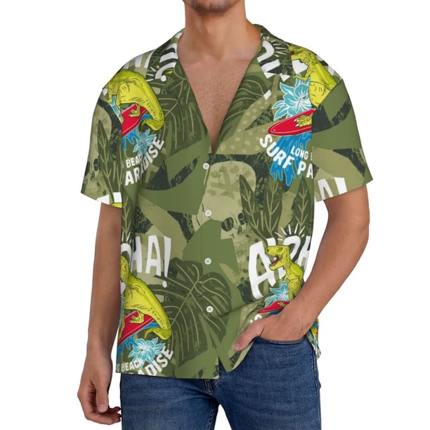 Fotbe Surfing Dinosaur Camisa Estampada de Manga Corta para Hombre, Casual de Verano, Estilo Playero, Sin Arrugas-Medium