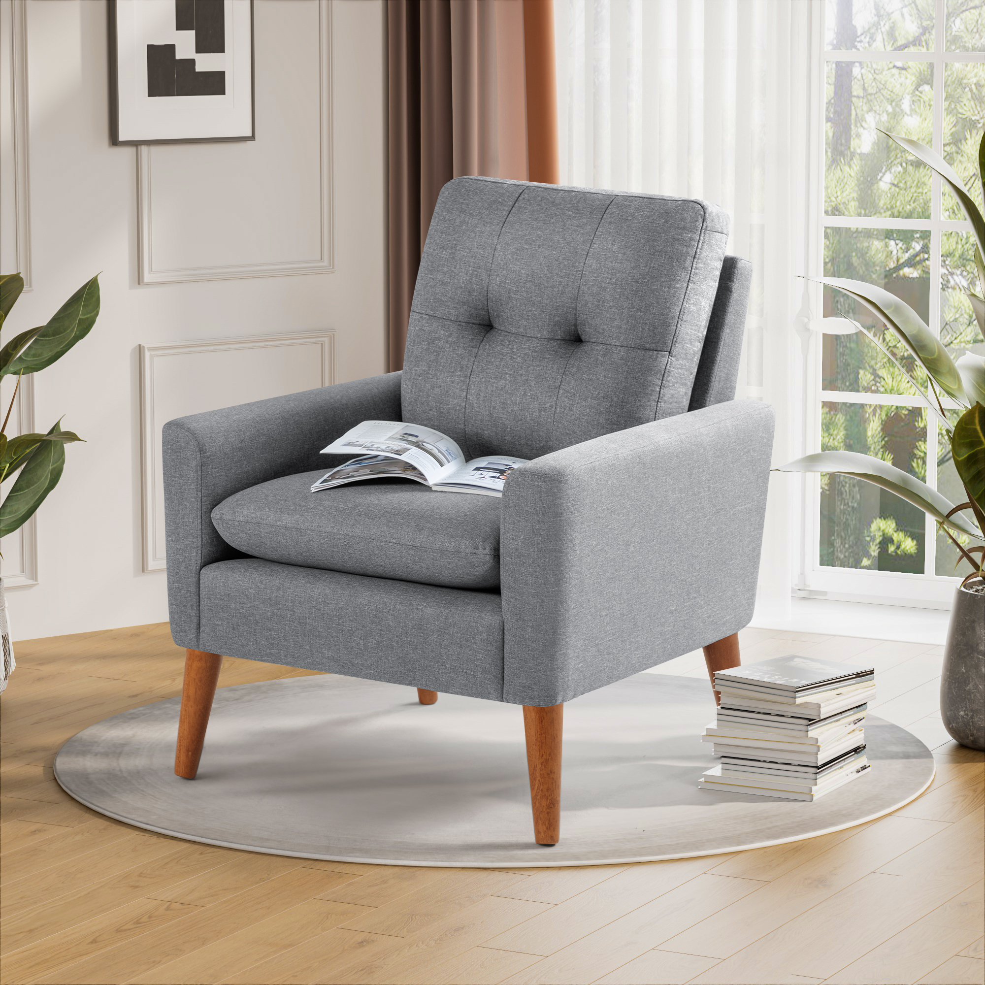 Homall Accent Chair Mid Century Modern Fabric Upholstered Tufted Armchair Wood Legs Lounge Chair for Living Room,Set of 2,Gray