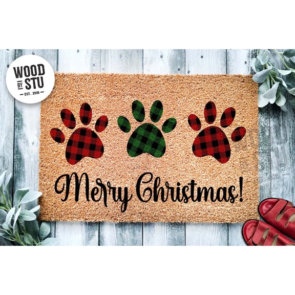 Doormat Merry Christmas Plaid Dog Paws Dog Christmas Welcome Mat (18" x 30") #2074