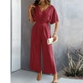 thumbnail image 4 of Women'S Summer Casual Jumpsuit Short Sleeve Romper V Neck Wide Leg Pants With Pockets 2024 Wine L, 4 of 6