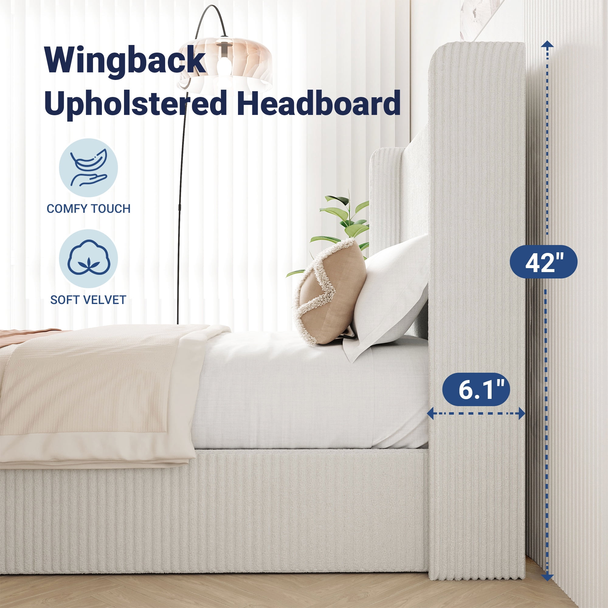 Allewie King Lift-Up Storage Bed Frame with Modern Wingback Headboard, Corduroy Upholstered Platform Bed, Hydraulic Gas Lift Support, Underbed Storage, Wooden Slats, No Box Spring Needed, White