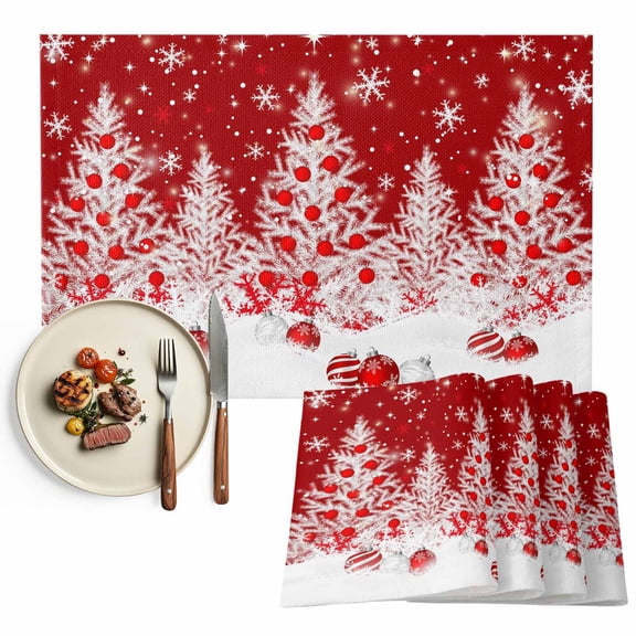 Red Christmas Placemats Set of 6, Xmas Tree Ball Snowflake Winter Washable Wipeable Table Mats for Dining Tables, Indoor Outdoor Kitchen Place Mats for Holiday Party Table Decor