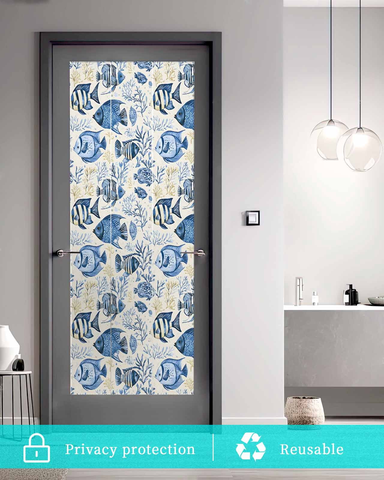 Window Privacy Film Blue Ocean Fish Stained Glass Window Film Decorative Sun Block Window Cover Tropical Animal Coastal Coral Marine Life Window Clings Static Sticker for Bathroom 29.5"x78.7"
