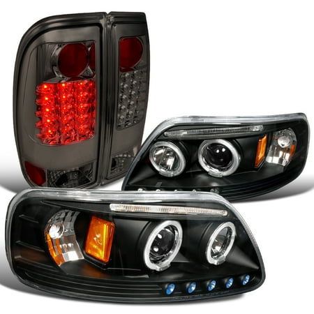 Black Projector - Spec-D Tuning 1997-2003 Ford F150 Black Dual Halo Projector Headlight + Smoke Led Rear Tail Lamp (Left + Right) 97 98 99 00 01 02 03