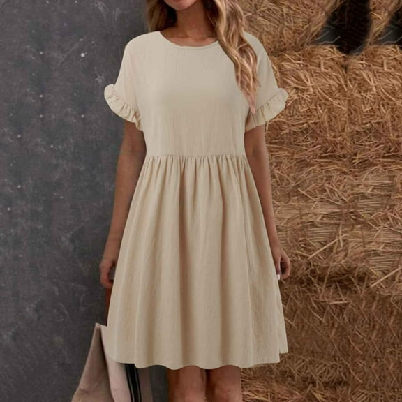 Women Fashion Solid Elegant Round Neck Loose And Linen Long Dress Dress Casual Summer Tunic Short Sleeve Maxi Dress for Women Summer Dresses Casual Long Daily Wear Dresses for Women Ruffle Dress for
