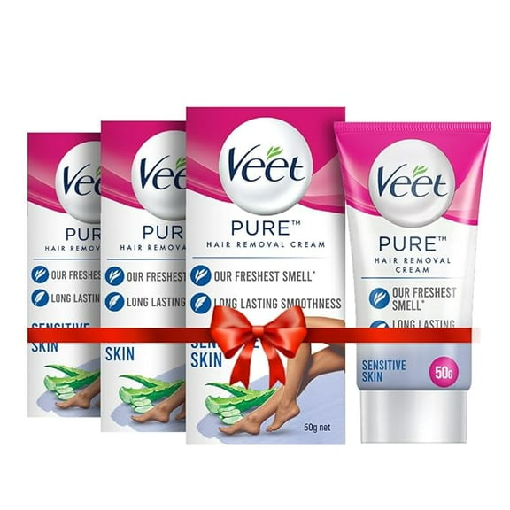 Veet Pure Hair Removal Cream for Women with No Ammonia Smell, Sensitive Skin - 50 g (Pack of 3) | Suitable for Legs, Underarms, Bikini Line, Arms | 2x Longer Lasting Smoothness than Razors