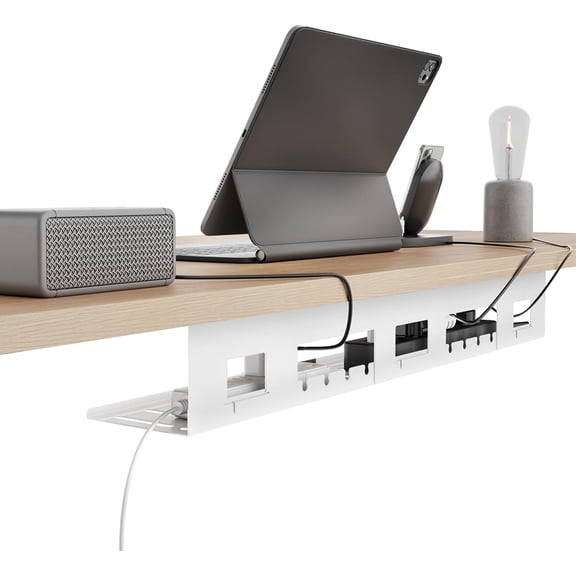 Under Desk Cable Management Tray, 31.5" Metal Cord Organizer Rack for Power Strips, Wires & Chargers, Easy Mounting Desk Tray for Home Office, White