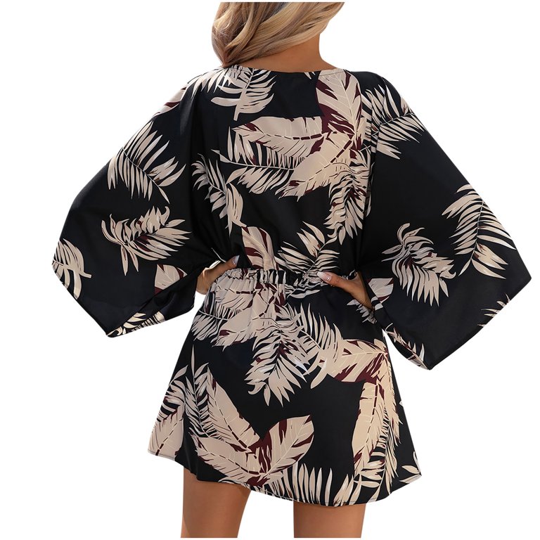 Usmixi Womens Dresses Beach Fashion Batwing Sleeve Button Tie Waist Hem  Mini Sun Dresses Elbow-Length V-Neck Leaves Print Short Summer Dress Black  L 