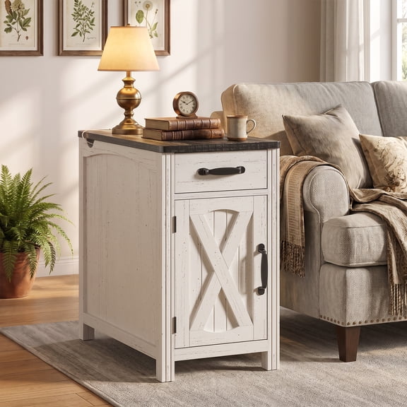 ROGALIS End Table with Charging Station, 23.5" Farmhouse Nightstand with Drawer and Storage Holder, Wood Sofa Side Table for Bedroom and Living Room, Rustic White