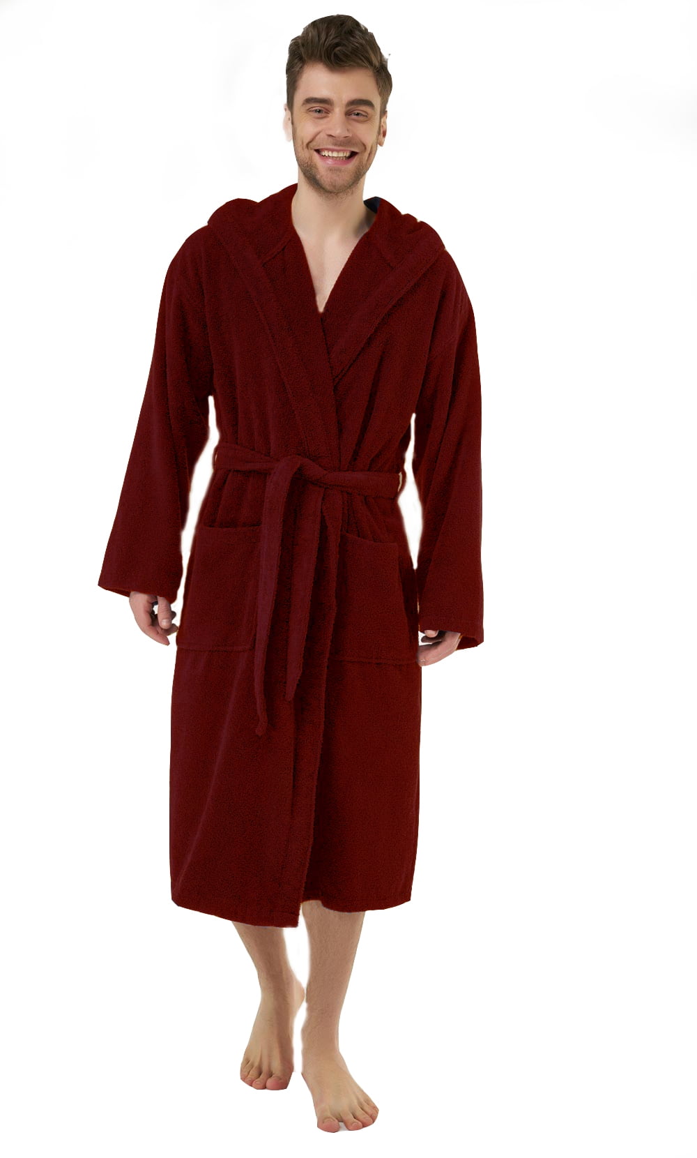 Mens Burgundy Housecoat 100 Cotton Hooded Bathrobe
