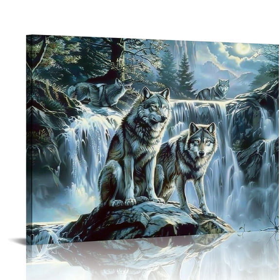 BCIIG Forest Wolf Decor Wall Art Wolf Bathroom Wall Decor Wolf Wolf and Moon Pictures for Wall Animal Canvas Print Painting Artwork for Bathroom Bedroom Living Room 20x16in