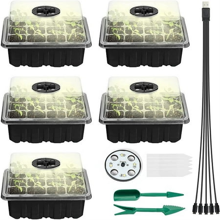 

5 Pack Seed Trays | Seed Starter Trays with Grow Light | Seeding Starter Kits with Adjustable Humidity Domes Gardening Plant Germination Trays (12 Cells Per Tray)