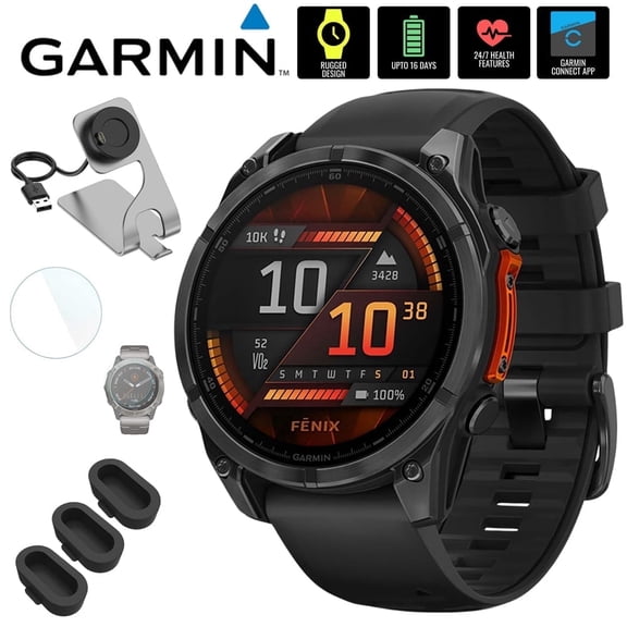 Garmin 010-02904-00 Fenix 8 47 mm, AMOLED, Slate Gray with Black Silicone Band Bundle with Deco Essentials Charging Dock, 3x Silicone Dust Cover and 1.4 Inch Screen Protector