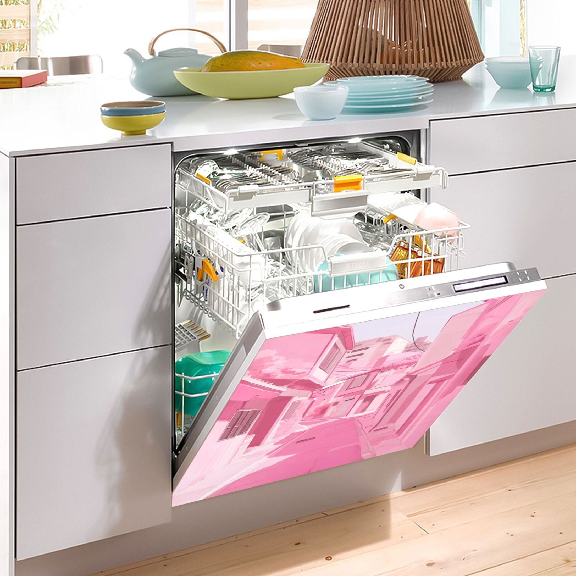 Dishwasher Magnetic Sticker 23x26 Inch Refrigerator Magnetic Sticker Washing Machine Magnetic Sticker Kitchen Panel Magnetic Sticker Home Decor Pink Cartoon House
