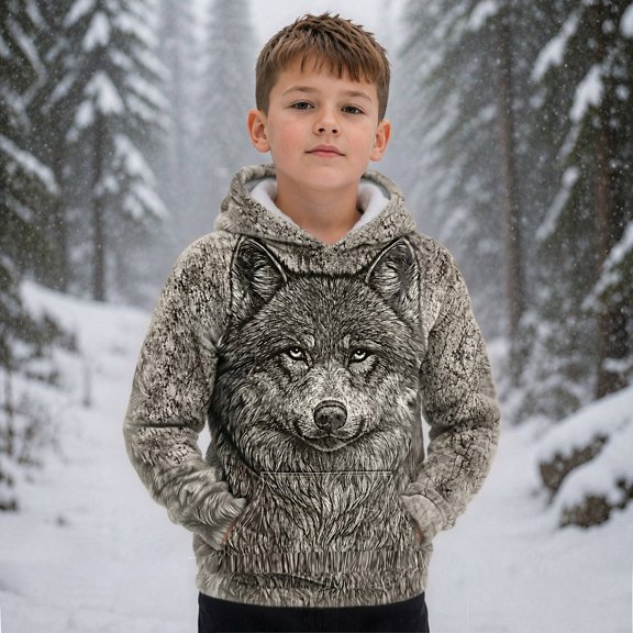 RTKFRFLM Boys Wolf Graphic Hoodie Kids 3D Animal Print Long Sleeve Hooded Sweatshirt Pullover Sweater and Casual Winter Clothing