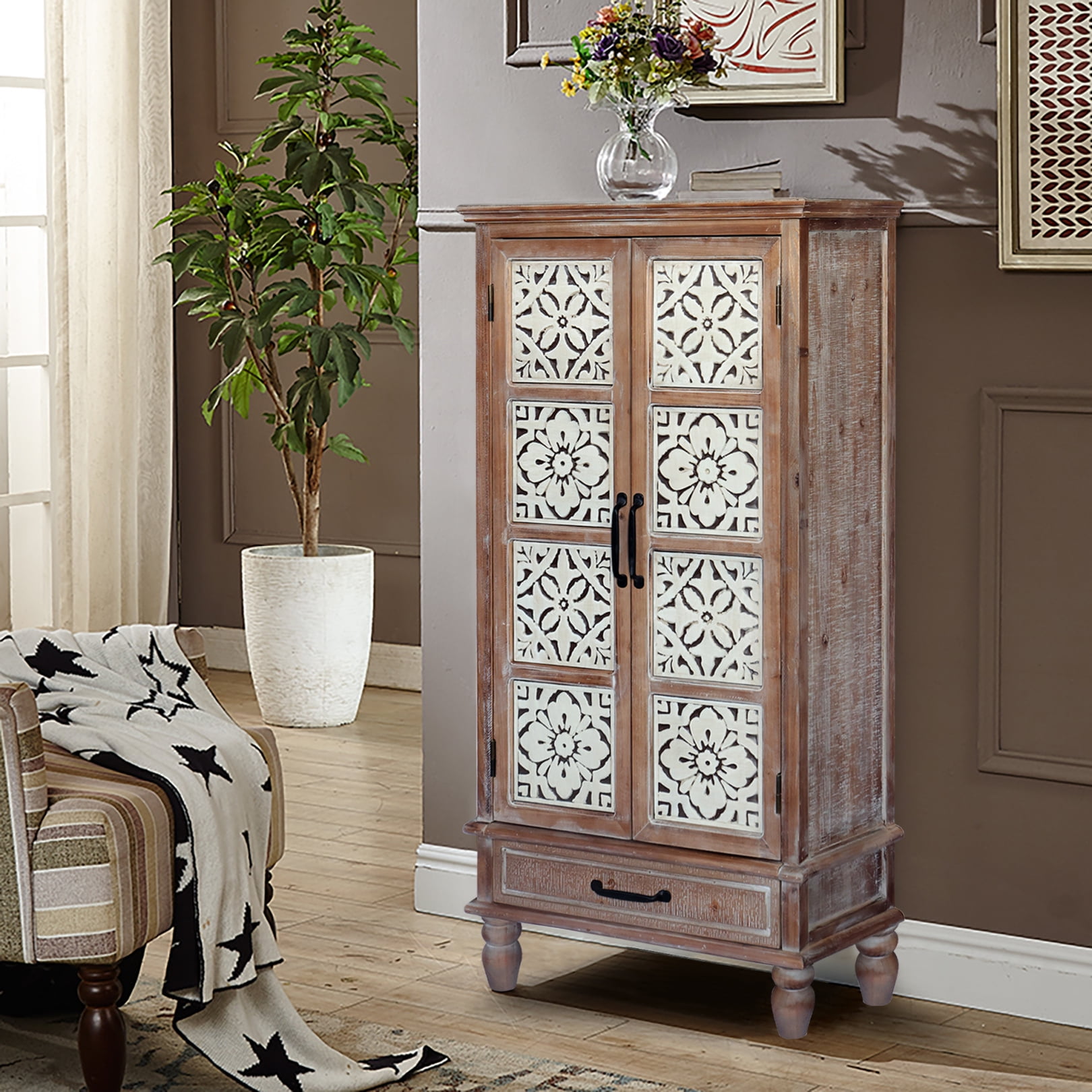55.12'' Tall Tower Storage Cabinet, Rustic Wood Sideboard Pantry Cabinet with 2 Doors and 1 Drawer, Versatile Buffet Cabinet with Storage for Home Decor, Livingroom, Bedroom,  Natural+White