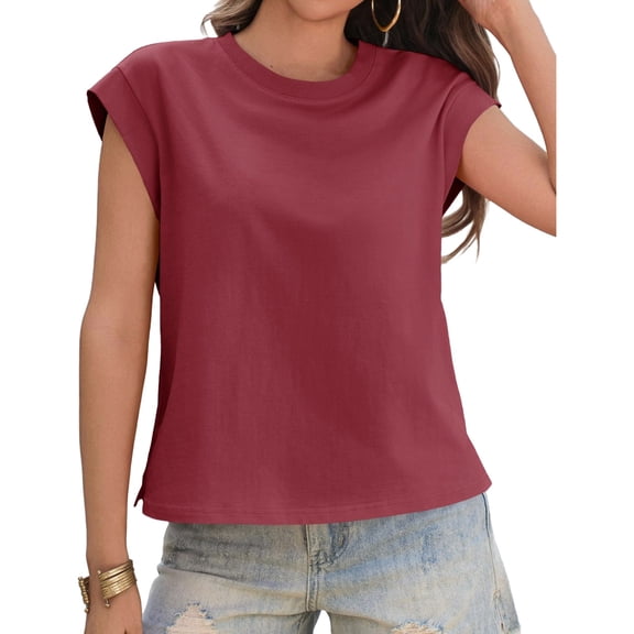 Summer Solid Color Women Cap Sleeve Crew Neck Casual Shirt Tops
