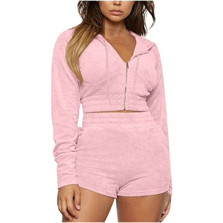 Women's Velour Sweatsuits Outfits Zip Up hoodies Crop Top Long