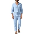 thumbnail image 3 of Men's Linen Blend Camp Collar Long Sleeve Shirt and Drawstring Pants Two Piece Outfit Light Blue L, 3 of 7
