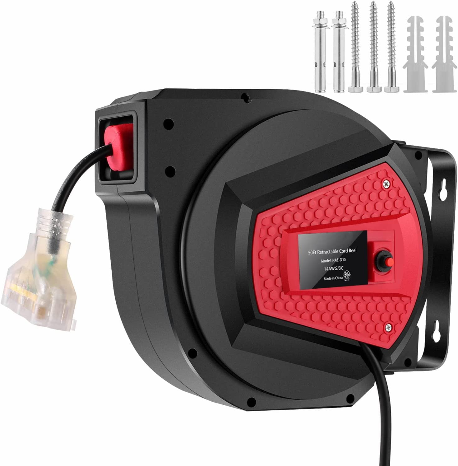 50FT Retractable Extension Cord Reel Ceiling / Wall Mount 14 Gauge Power Cord Reel with 3