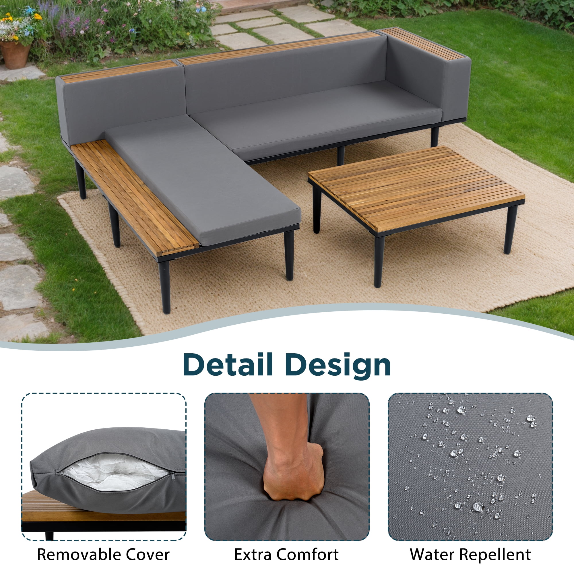 Acacia Wood L-Shaped Outdoor Sectional Sofa, Patio Conversation Set with Removable Cushions, Coffee & Side Table for Porch Backyard