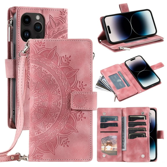 Feishell Zipper Wallet Case for iPhone 13 Pro,for Women Men,Stylish Embossed Pattern PU Leather Multi Card Slots Magnetic Clasp Flip Kickstand Crossbody Phone Case with Shoulder Strap,Pink